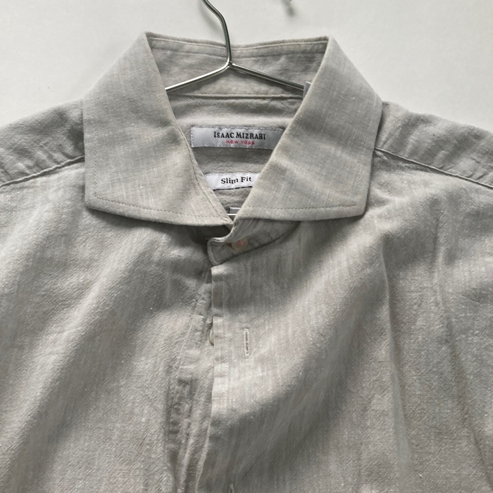 Isaac Mizrahi New York Light Olive Linen Shirt (Medium, 16 x 32/33)